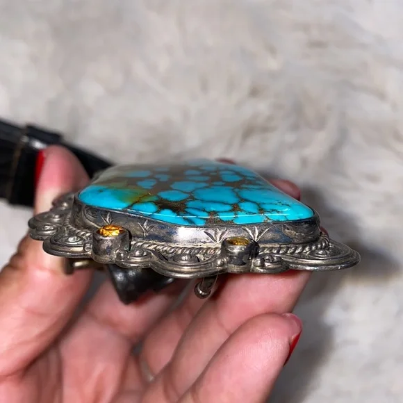 Signed Mona Van Riper Turquoise & Sterling Silver Belt Buckle & Leath… - Picture 5 of 17